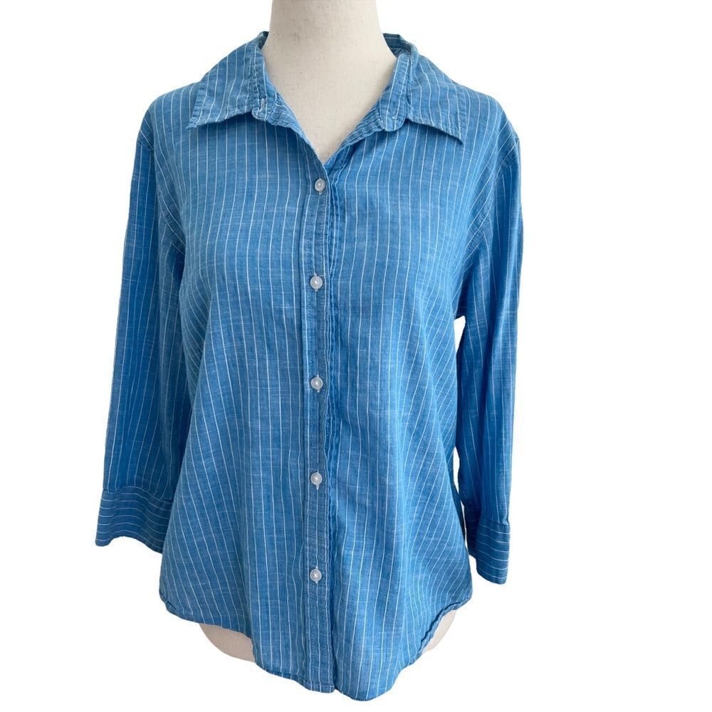 Talbots Petites Linen + Cotton Blend Blue + White Stripe 3/4 Sleeve Blouse MP